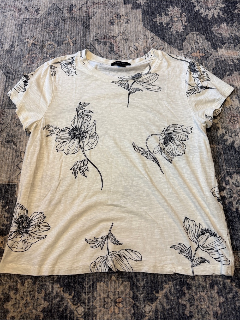 Sanctuary White Short-Sleeve Crewneck Tee with Black Floral Sketch